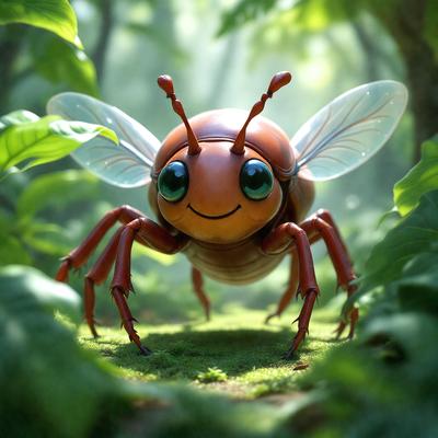 The primary subject of the image is a cartoon-like insect, possibly a beetle, with a smiling face and large eyes. The insect is standing on a grassy surface, surrounded by a forest-like environment. The visual style of the image is digital art, as it appears to be a computer-generated illustration. The colors and mood of the image are bright and cheerful, with the insect's smiling face and the lush greenery of the forest creating a sense of happiness and warmth.